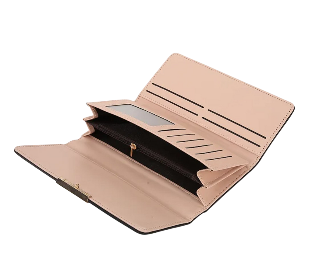 Open beige wallet with card slots on a white background