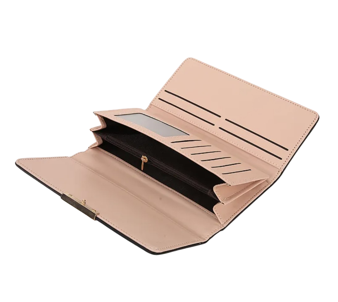 Open beige wallet with card slots on a white background