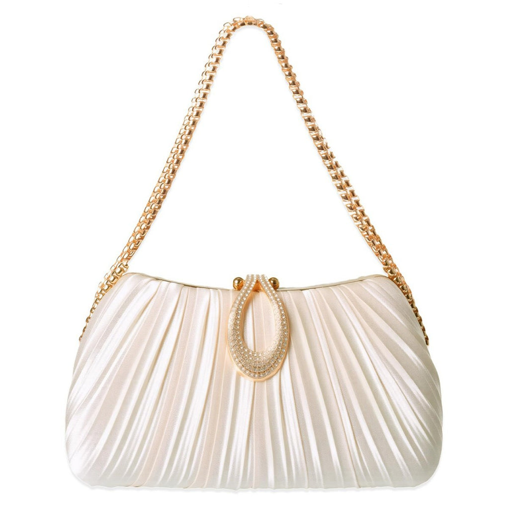 White pleated handbag with gold chain handle on a white background