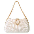 White pleated handbag with gold chain handle on a white background