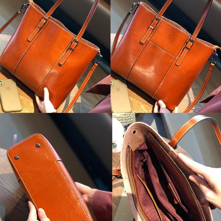 Orange leather handbag shown from multiple angles with a person holding it.