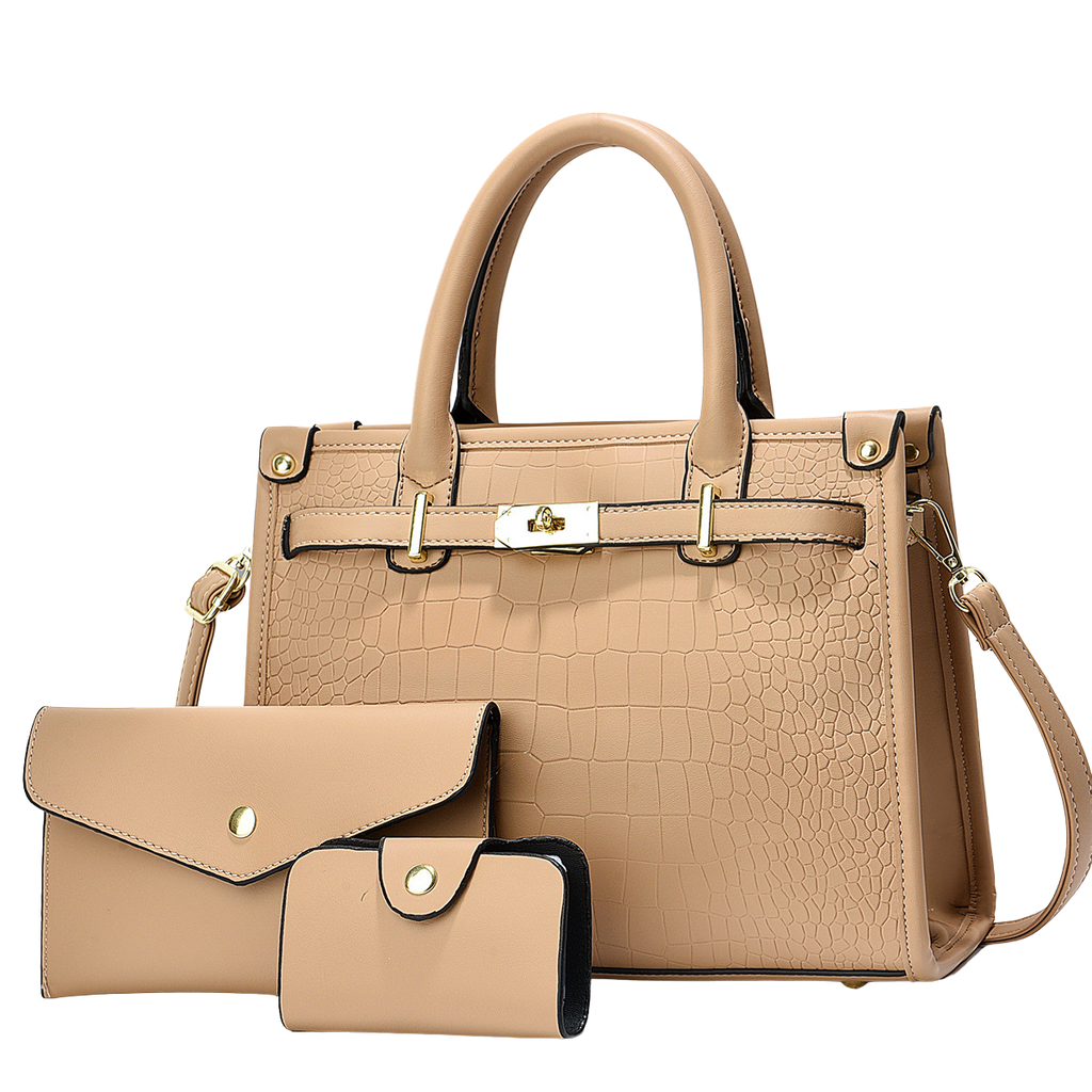Beige handbag with matching wallet and cardholder on a white background