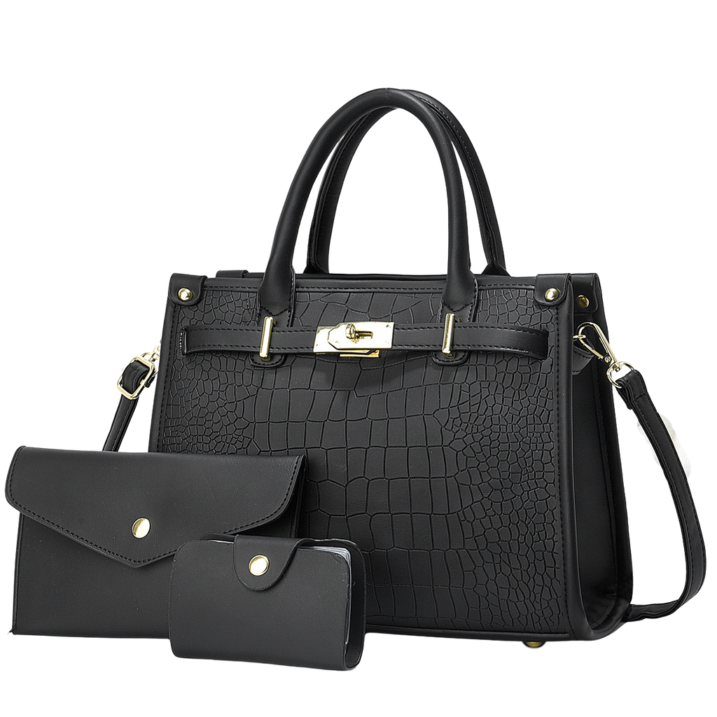 Black crocodile-patterned handbag with matching wallet and cardholder on a light gray background