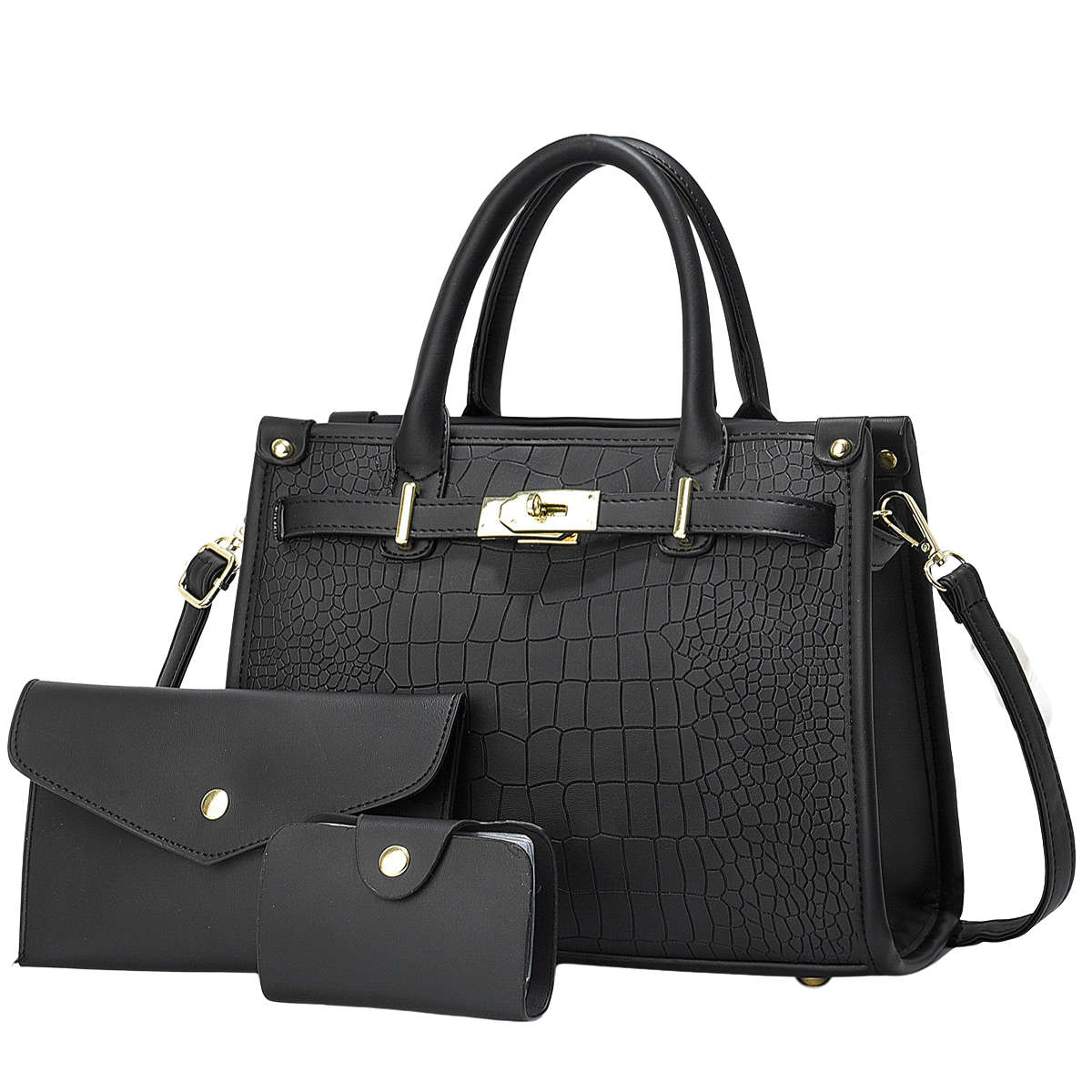 Black crocodile-patterned handbag with matching wallet and cardholder on a light gray background