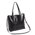Black leather tote bag with shoulder strap on a white background