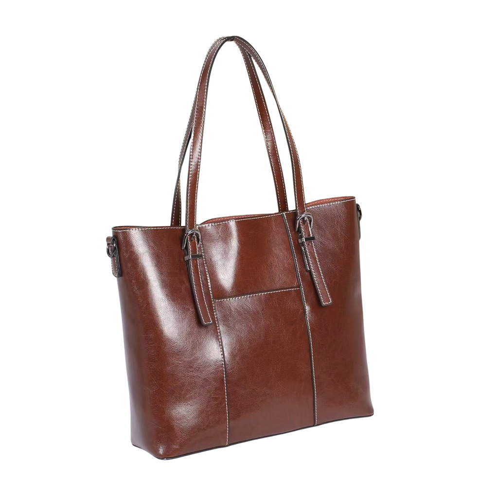 Brown leather tote bag on a white background
