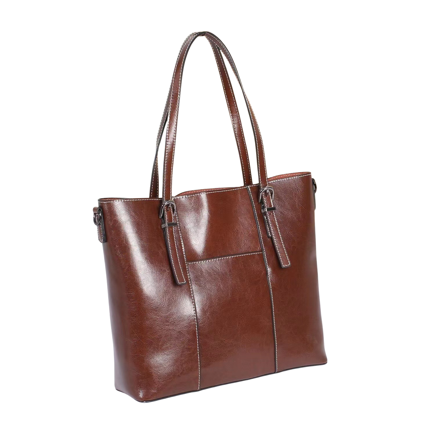 Brown leather tote bag on a white background