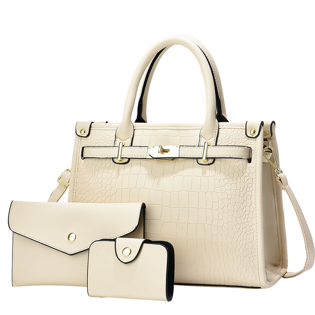 Beige handbag with matching wallet and small pouch on a white background