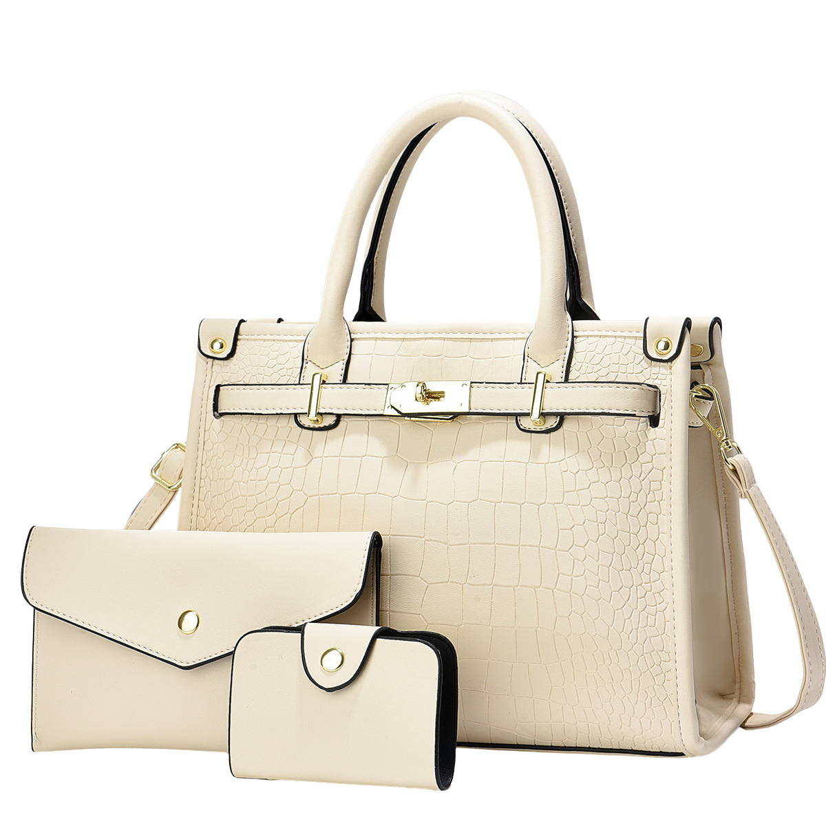 Beige handbag with matching wallet and small pouch on a white background