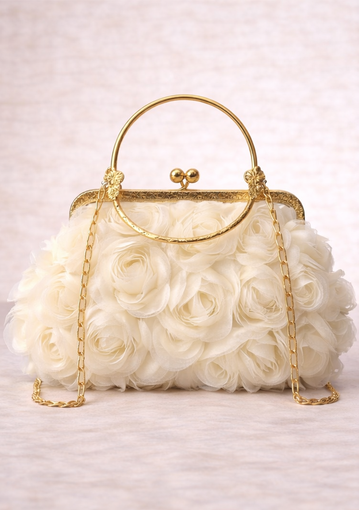Cream floral handbag with gold frame and handle on a light background