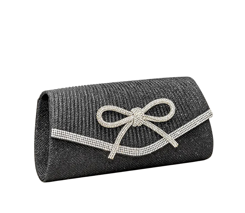 Black clutch bag with a decorative bow on a white background
