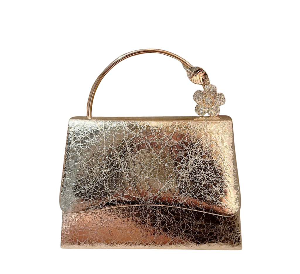 Gold and silver handbag with decorative clasp on a white background