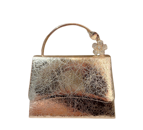 Gold and silver handbag with decorative clasp on a white background