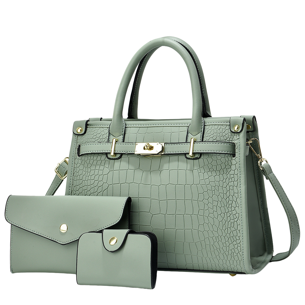 Green handbag with matching wallet on a white background