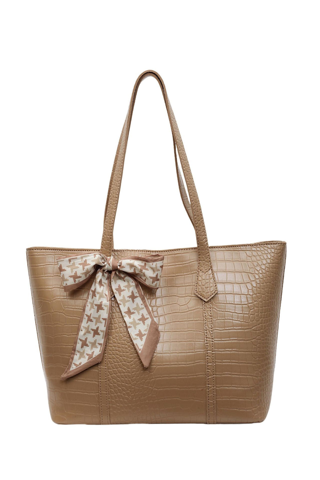 Brown textured tote bag with a decorative bow on a white background