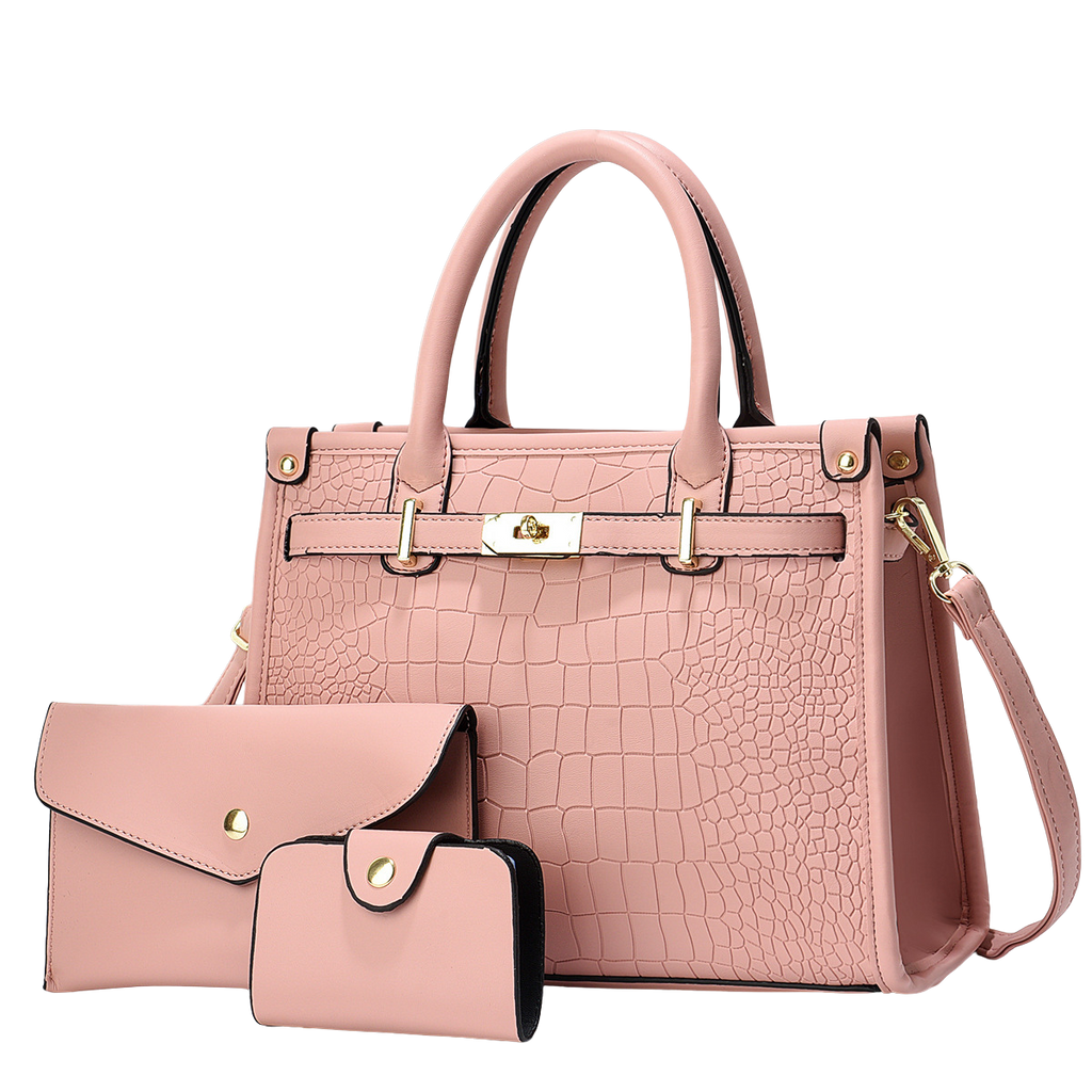 Pink handbag with matching wallet and cardholder on a white background