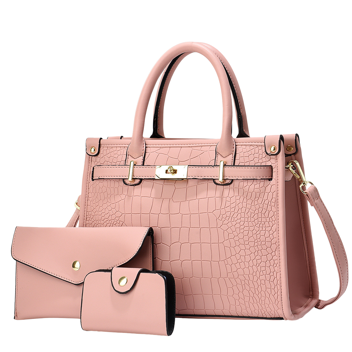 Pink handbag with matching wallet and cardholder on a white background