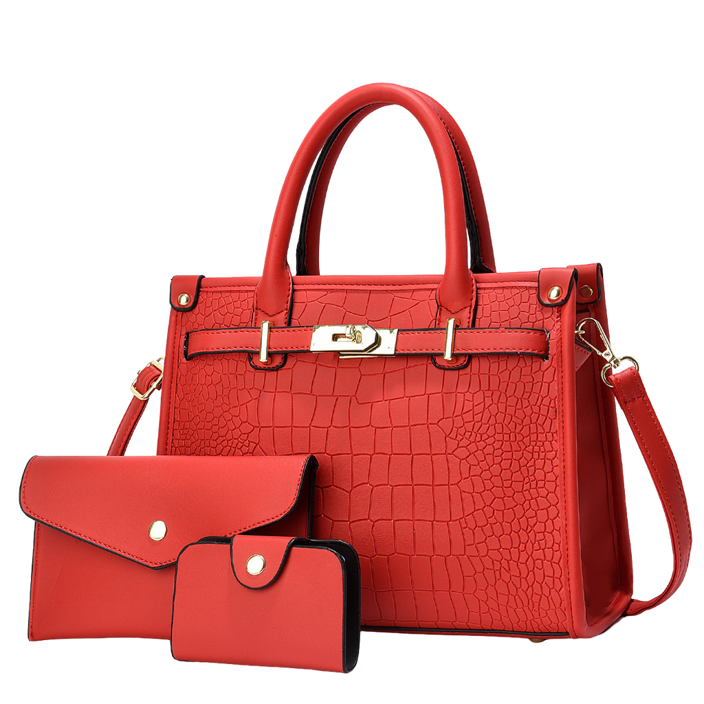 Red textured handbag with matching wallet on a white background