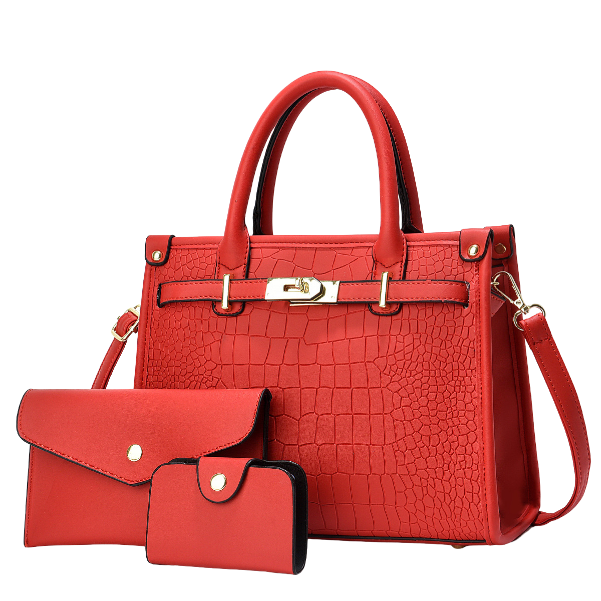 Red textured handbag with matching wallet on a white background