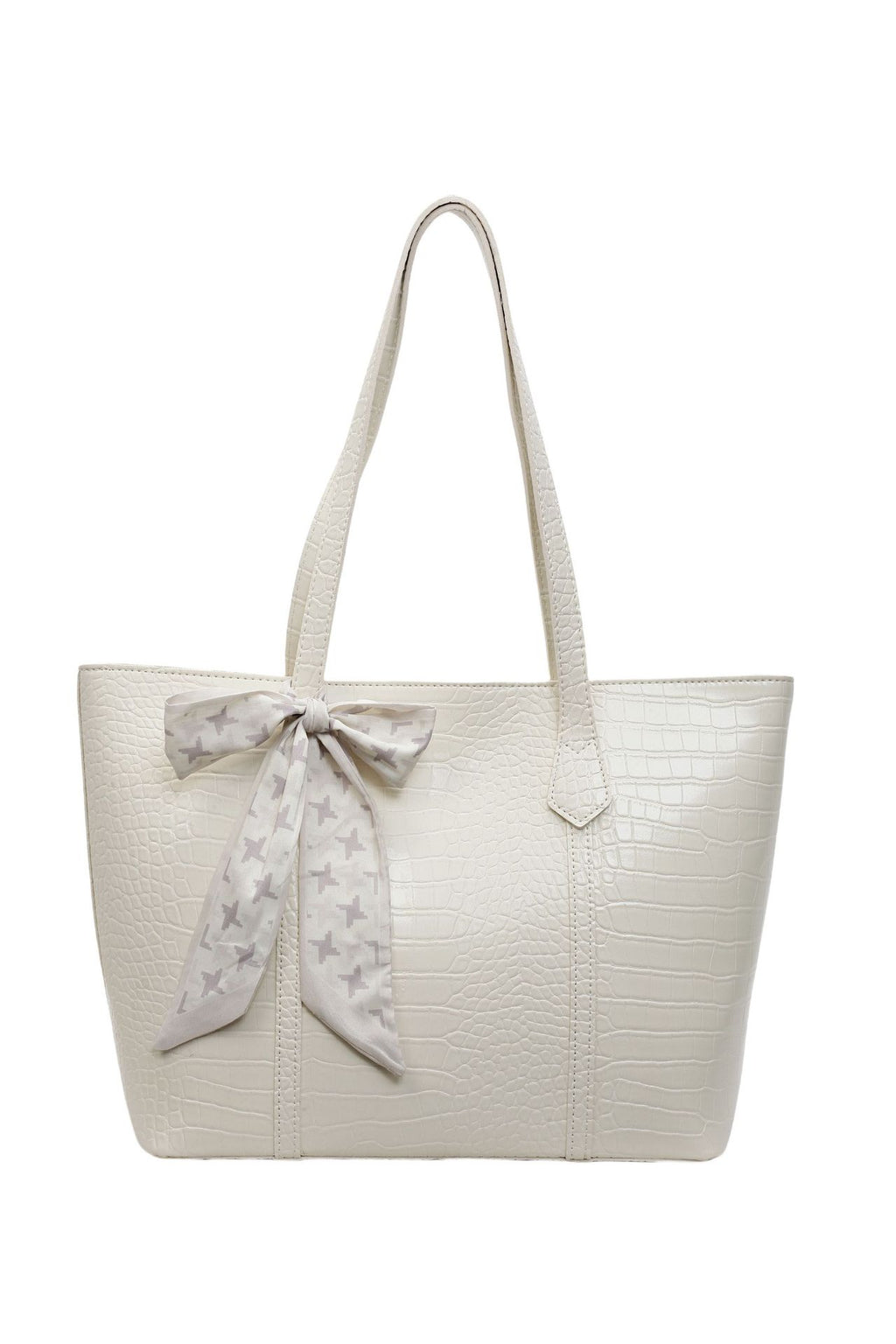 White textured tote bag with a gray bow on a white background