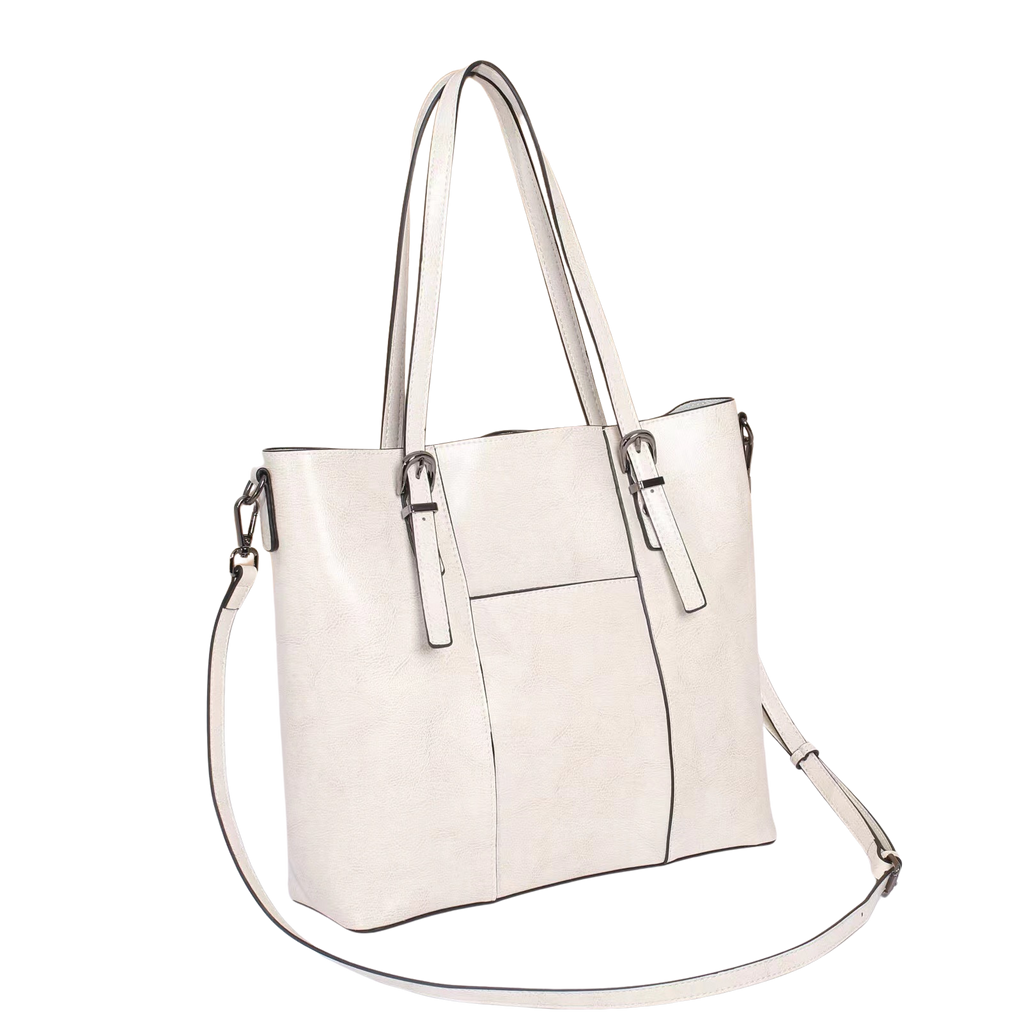 White handbag with a shoulder strap on a white background